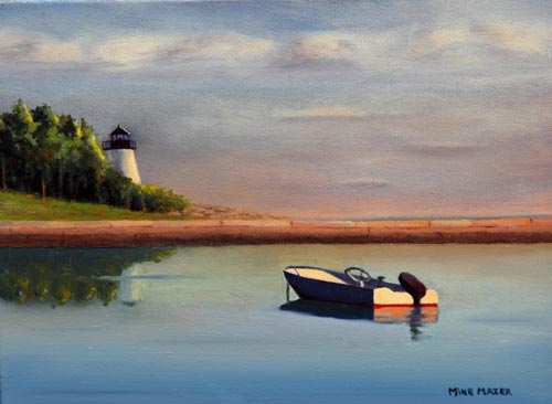 "Ned's Point Light and power boat"